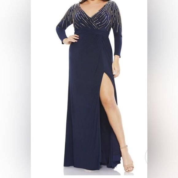 $598 NEW 14 Mac Duggal MIDNIGHT NAVY BLUE BEADED stretch jersey gown dress NWT - Picture 1 of 2